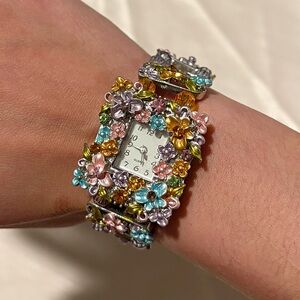 Rare Y2K Floral Rhinestone Watch Bracelet Statement Crystal Enamel